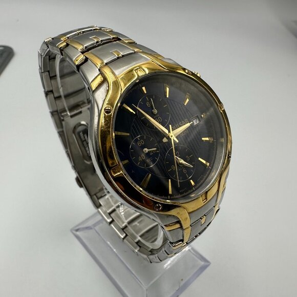 Pulsar Chronograph Watch Men Silver Gold Two-Tone Blue Dial New Battery 8.25" - Picture 3 of 12